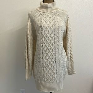 oversized turtleneck cable knit sweater dress